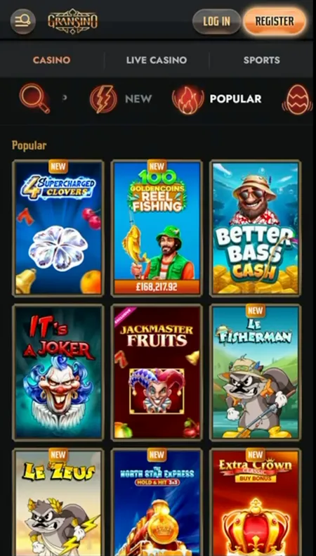 Gransino mobile lobby showing popular and new game grid