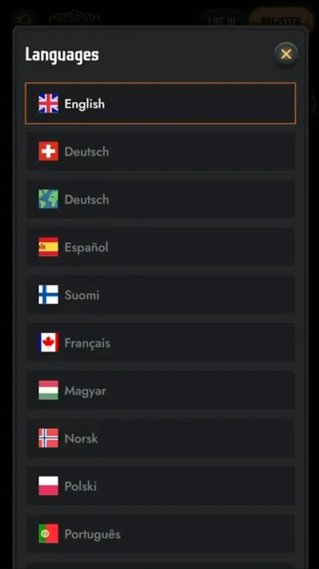 Gransino language selector modal with English and other language options
