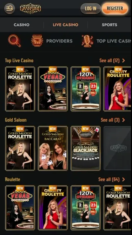 Gransino live casino lobby with roulette tables