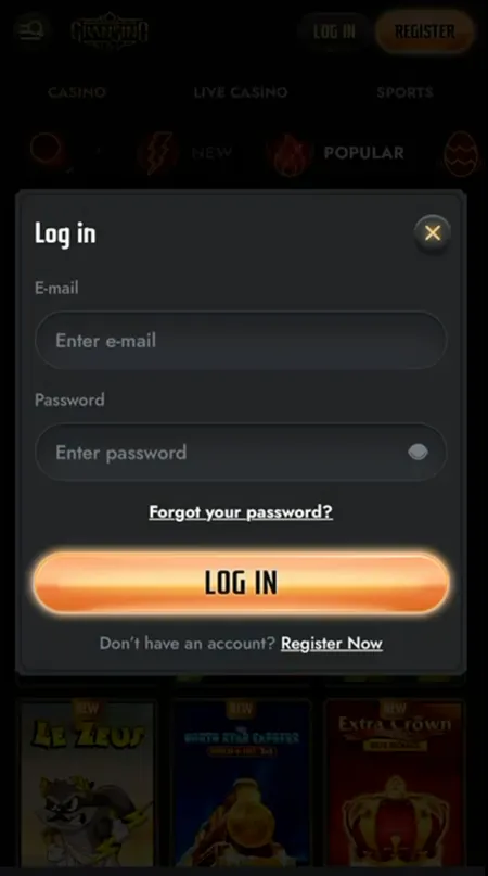 Gransino login modal with email and password fields