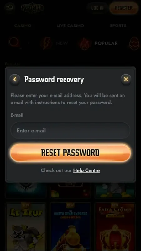 Gransino password recovery modal showing email field and reset button