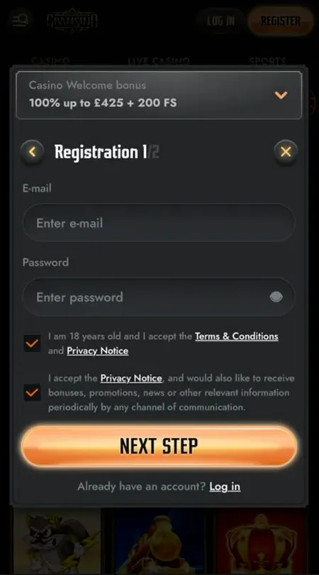 Registration step 1 - email and password