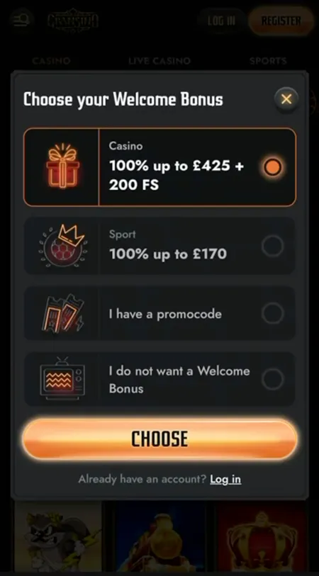 Welcome bonus choice modal in Gransino Casino