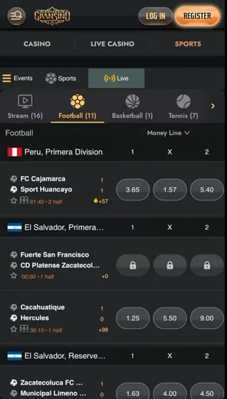 Gransino live football betting with odds and match timers